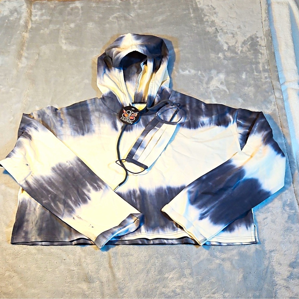 INA Women's Gray/White Tie-Dye Pullover Hoodie L Cotton Knit Drawstring